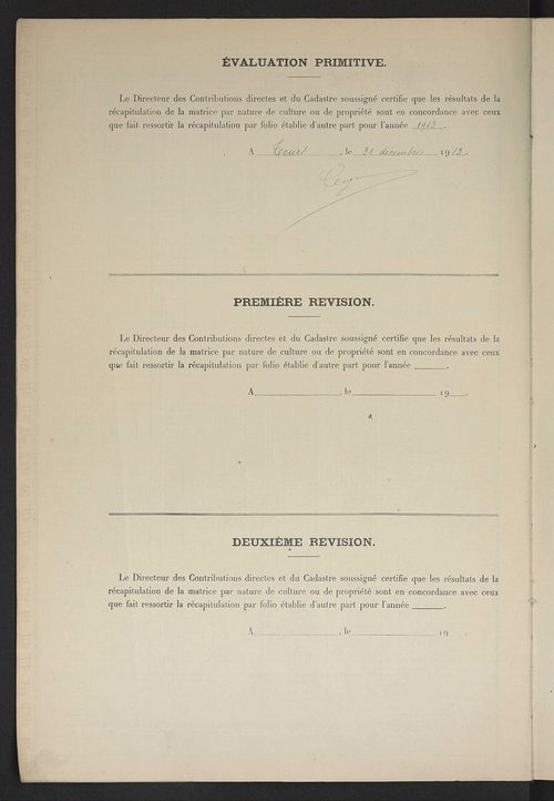 Tableau présentant les augmentations et les diminutions survenues dans la matière imposable ; récapitulation ; table alphabétique des propriétaires ; matrice des propriétés non bâties, fol. 1 à 492.