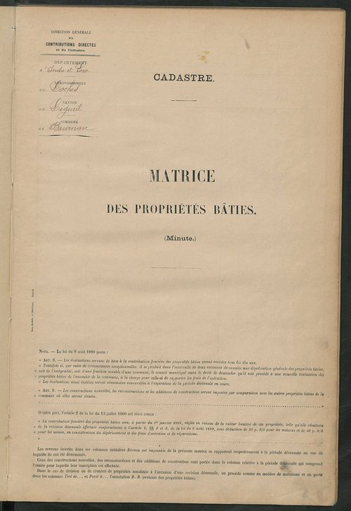 Matrice des propriétés bâties ; récapitulation ; table alphabétique des propriétaires.