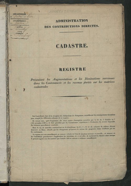 Registre présentant les augmentations et les diminutions survenues dans les contenances et les revenus portés sur les matrices cadastrales, 1824-1890; récapitulation des contenances et des revenus imposables, 1823 ; matrice des propriétés foncières, fol. 