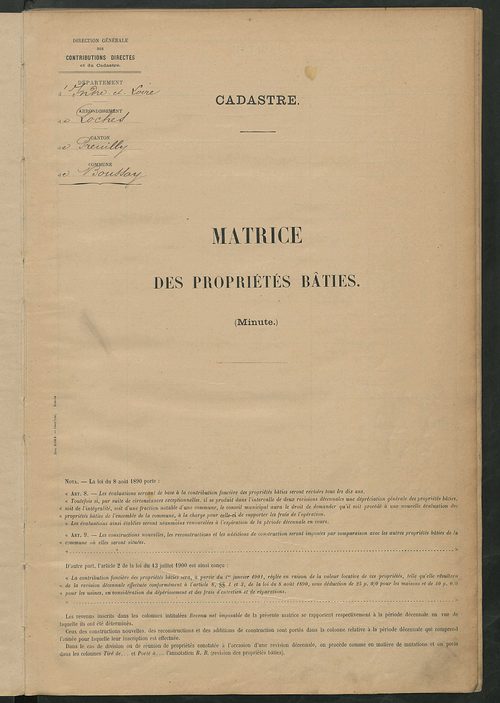 Matrice des propriétés bâties ; récapitulation ; table alphabétique des propriétaires.