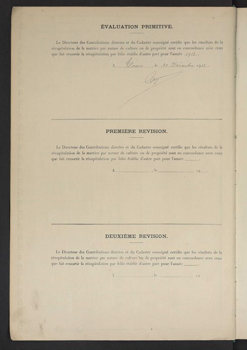 Tableau présentant les augmentations et les diminutions survenues dans la matière imposable ; récapitulation ; table alphabétique des propriétaires ; matrice des propriétés non bâties, fol. 1 à 492.