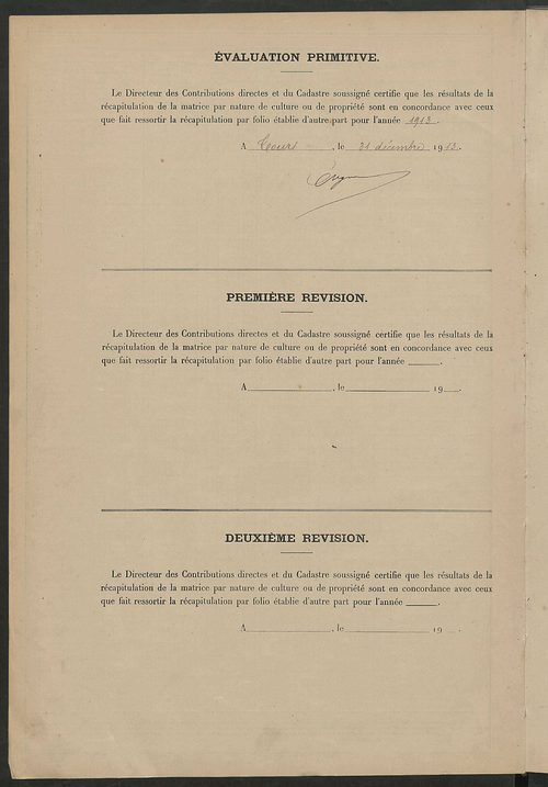 Tableau présentant les augmentations et les diminutions survenues dans la matière imposable ; récapitulation ; table alphabétique des propriétaires ; matrice des propriétés non bâties, fol. 1 à 500.