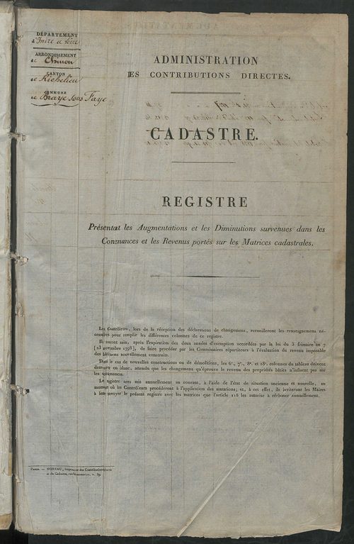 Registre présentant les augmentations et les diminutions survenues dans les contenances et les revenus portés sur les matrices cadastrales, 1838-1914 ; récapitulation des contenances et des revenus imposables, 1838 ; matrice des propriétés foncières, fol.