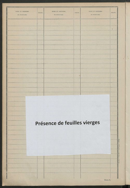 Tableau présentant les augmentations et les diminutions survenues dans la matière imposable ; récapitulation ; table alphabétique des propriétaires ; matrice des propriétés non bâties, fol. 1 à 500.