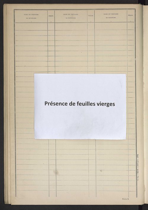 Matrice des propriétés non bâties ; tableau présentant les augmentations et diminutions survenues dans la matière imposable ; récapitulation ; table alphabétique des propriétaires.