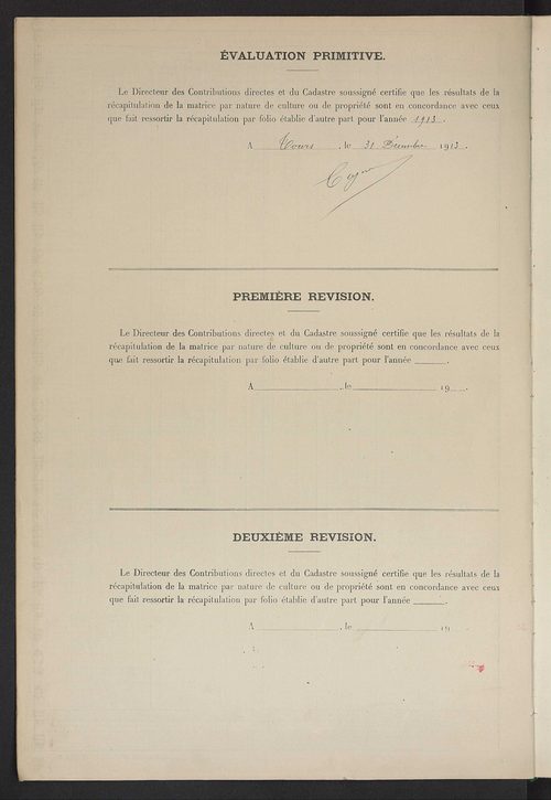 Matrice des propriétés non bâties ; tableau présentant les augmentations et diminutions survenues dans la matière imposable ; récapitulation ; table alphabétique des propriétaires.