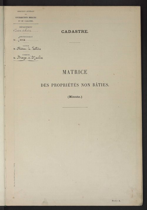 Matrice des propriétés non bâties ; tableau présentant les augmentations et diminutions survenues dans la matière imposable ; récapitulation ; table alphabétique des propriétaires.