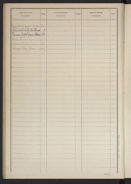 Matrice des propriétés non bâties ; tableau présentant les augmentations et les diminutions survenues dans la matière imposable ; récapitulation ; table alphabétique des propriétaires.