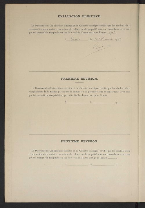 Matrice des propriétés non bâties ; tableau présentant les augmentations et les diminutions survenues dans la matière imposable ; récapitulation ; table alphabétique des propriétaires.