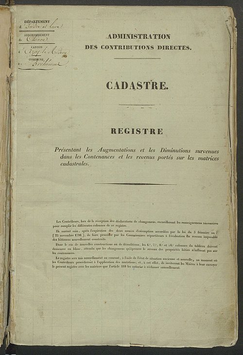 Registre présentant les augmentations et les diminutions survenues dans les contenances et les revenus portés sur les matrices cadastrales, 1825-1914 ; récapitulation des contenances et des revenus imposables, 1823 ; matrice des propriétés foncières, fol.