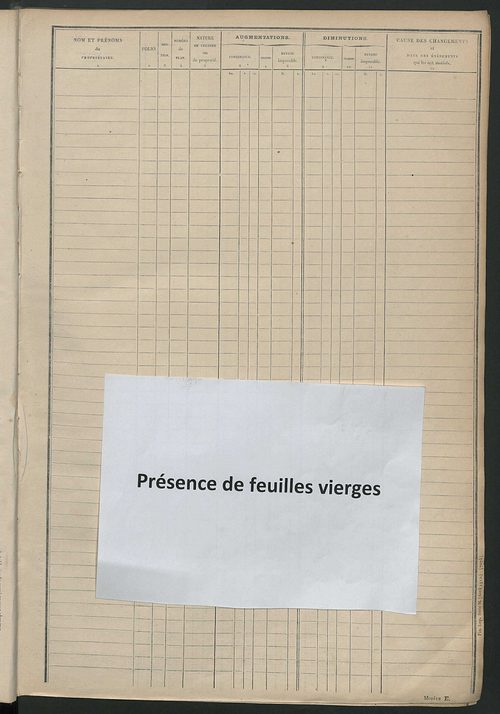 Tableau présentant les augmentations et les diminutions survenues dans la matière imposable ; récapitulation ; table alphabétique des propriétaires ; matrice des propriétés non bâties, fol. 1 à 496.