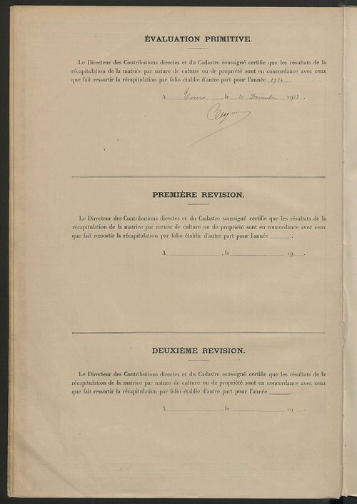 Tableau présentant les augmentations et les diminutions survenues dans la matière imposable ; récapitulation ; table alphabétique des propriétaires ; matrice des propriétés non bâties, fol. 1 à 496.
