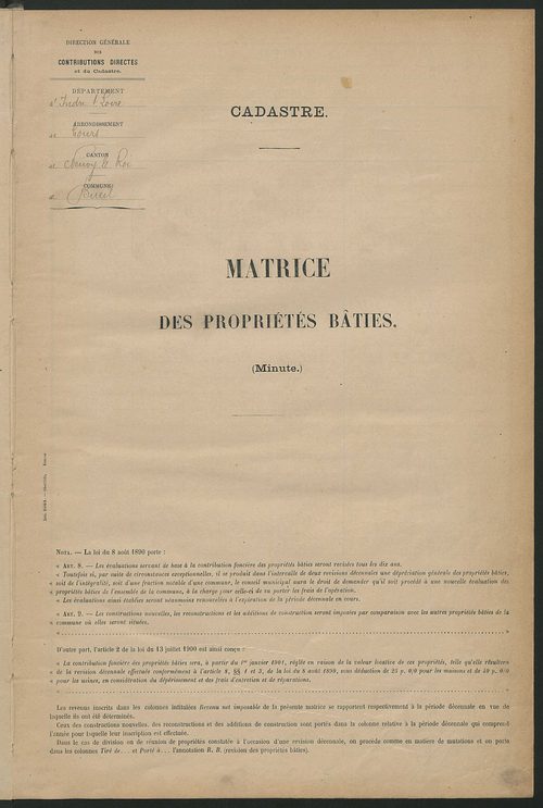 Matrice des propriétés bâties ; récapitulation ; table alphabétique des propriétaires.