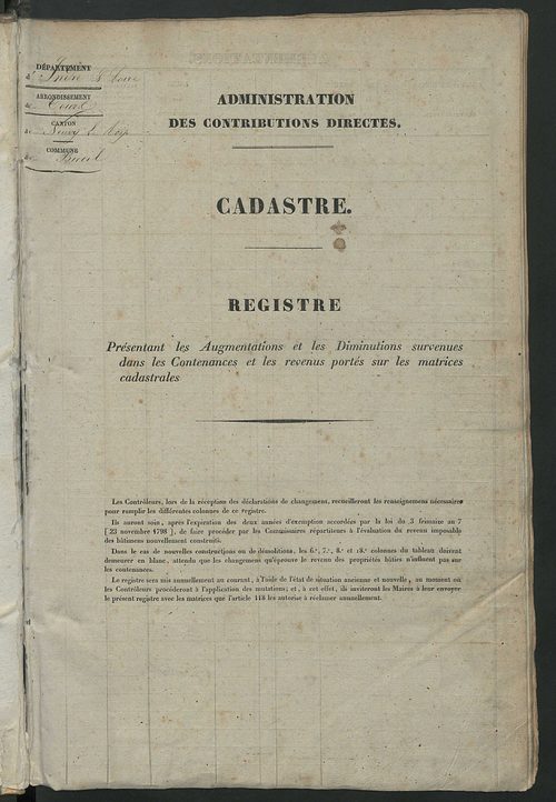 Registre présentant les augmentations et les diminutions survenues dans les contenances et les revenus portés sur les matrices cadastrales, 1837-1914 ; récapitulation des contenances et des revenus imposables, 1836 ; matrice cadastrale des propriétés fonc