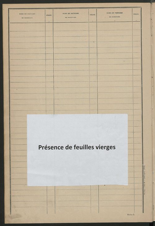 Matrice des propriétés non bâties ; tableau présentant les augmentations et les diminutions survenues dans la matière imposable ; récapitulation ; table alphabétique des propriétaires.