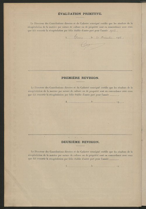 Matrice des propriétés non bâties ; tableau présentant les augmentations et les diminutions survenues dans la matière imposable ; récapitulation ; table alphabétique des propriétaires.