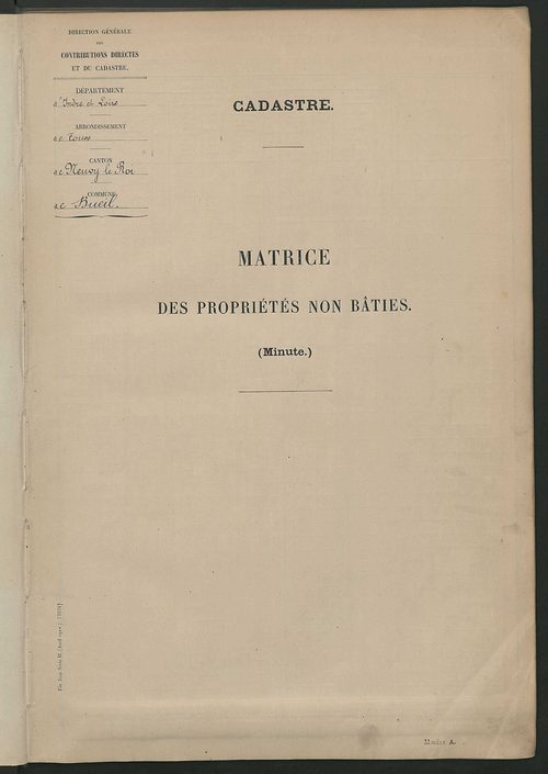 Matrice des propriétés non bâties ; tableau présentant les augmentations et les diminutions survenues dans la matière imposable ; récapitulation ; table alphabétique des propriétaires.
