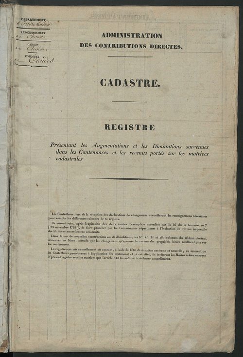 Registre présentant les augmentations et les diminutions survenues dans les contenances et les revenus portés sur les matrices cadastrales, 1840-1914 ; récapitulation des contenances et des revenus imposables, 1838 ; matrice des propriétés foncières, fol.