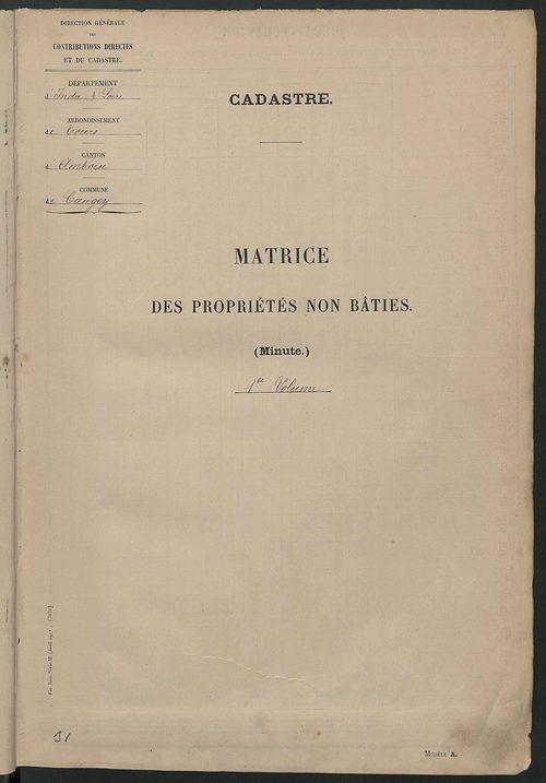 Tableau présentant les augmentions et les diminutions survenues dans la matière imposable ; récapitulation ; table alphabétique des propriétaires ; matrice des propriétés non bâties, fol. 1 à 488.