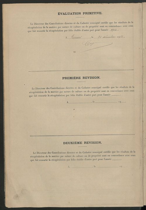 Tableau présentant les augmentions et les diminutions survenues dans la matière imposable ; récapitulation ; table alphabétique des propriétaires ; matrice des propriétés non bâties, fol. 1 à 488.