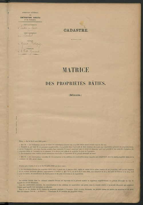Matrice des propriétés bâties ; récapitulation ; table alphabétique des propriétaires.