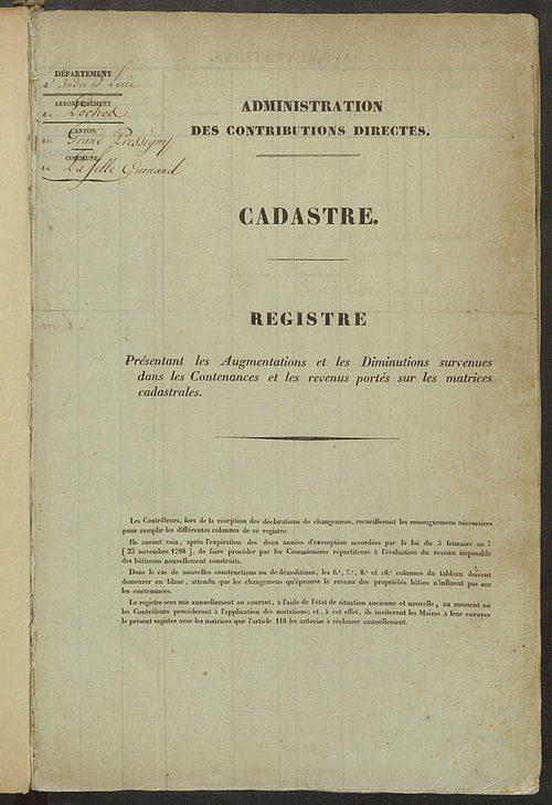 Registre présentant les augmentations et les diminutions survenues dans les contenances et les revenus portés sur les matrices cadastrales, 1826-1914 ; récapitulation des contenances et des revenus imposables, 1823 ; matrice des propriétés foncières, fol.