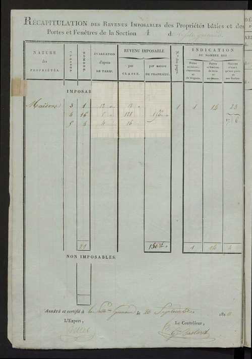Etat de classement des propriétés bâties.