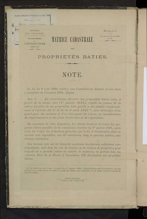 Matrice des propriétés bâties ; augmentations et diminutions, 1883-1891 ; séparation des revenus cadastraux afférents, pour l'année 1882, aux propriétés bâties et non bâties (état-balance) ; table alphabétique des propriétaires.
