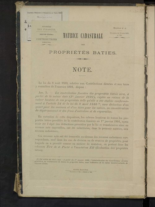 Matrice des propriétés bâties ; augmentations et diminutions, 1883-1891 ; séparation des revenus cadastraux afférents, pour l'année 1882, aux propriétés bâties et non bâties (état-balance) ; table alphabétique des propriétaires.