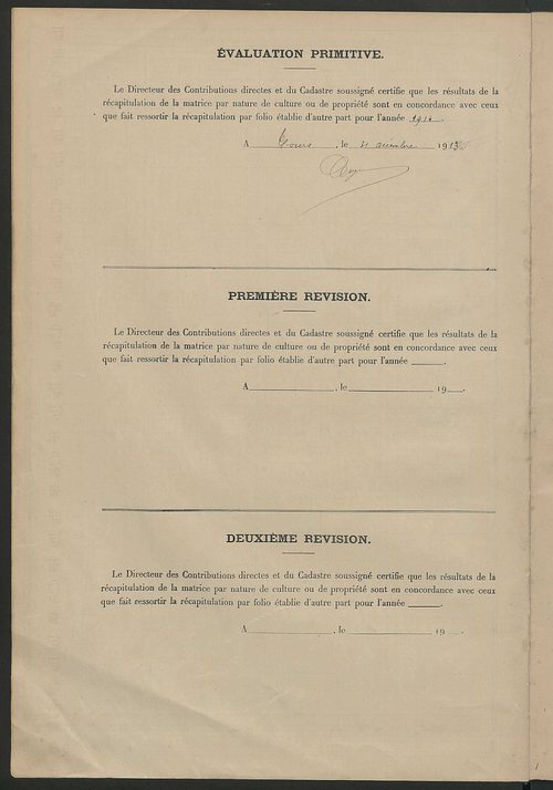Tableau présentant les augmentations et les diminutions survenues dans la matière imposable ; récapitulation ; table alphabétique des propriétaires ; matrice des propriétés non bâties, fol. 1 à 488.