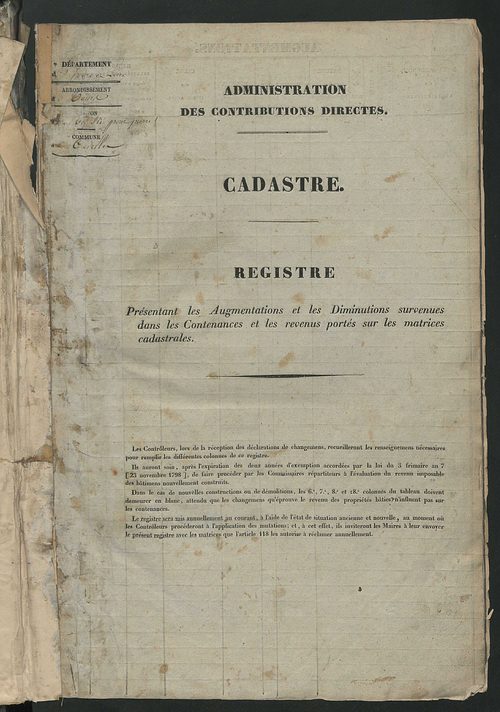 Matrice des propriétés foncières ; registre présentant les augmentations et les diminutions survenues dans les contenances et les revenus portés sur les matrices cadastrales, 1831-1914 ; récapitulation des contenances et des revenus imposables,