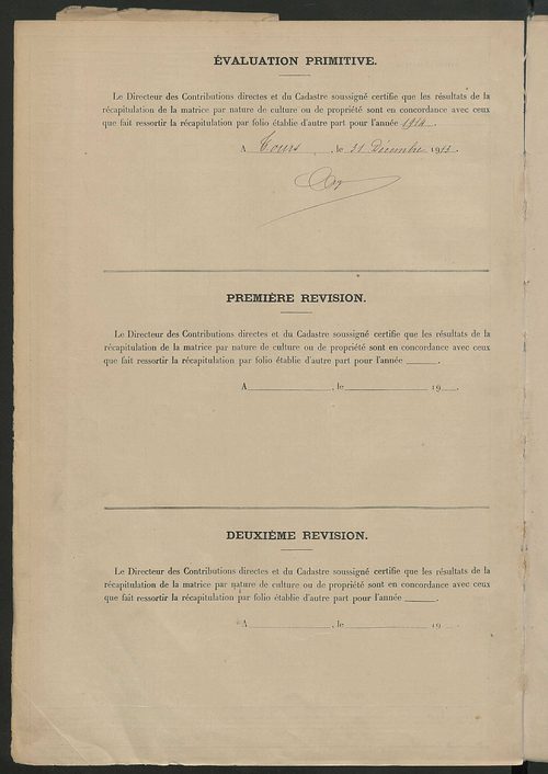 Tableau présentant les augmentations et les diminutions survenues dans la matière imposable ; récapitulation ; table alphabétique des propriétaires ; matrice des propriétés non bâties, fol. 1 à 500.