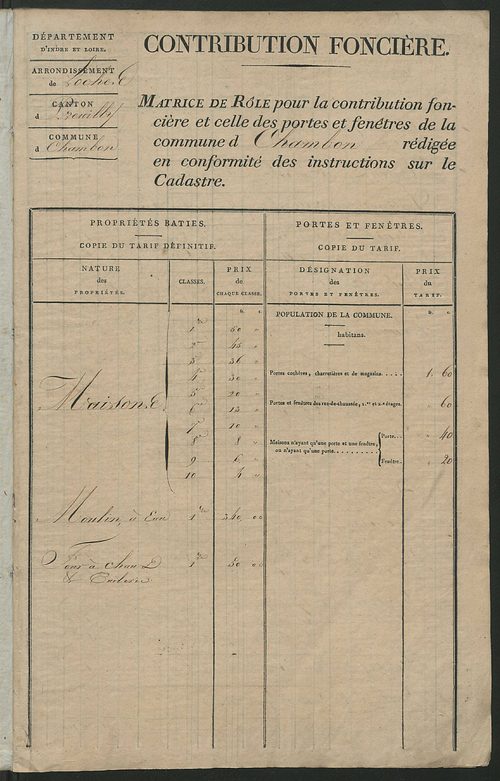 Matrice de rôle pour la contribution foncière et celle des portes et fenêtres, art. 1 à 175 (1819-1821).