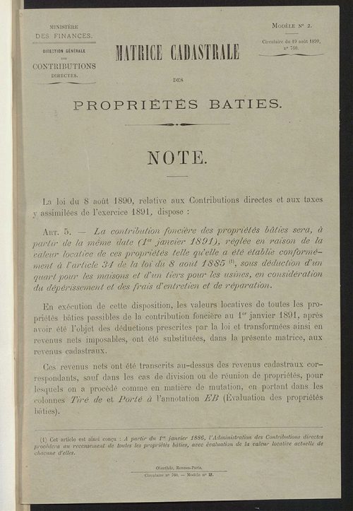 Matrice des propriétés bâties ; augmentations et diminutions, 1883-1891 ; séparation des revenus cadastraux afférents, pour l'année 1882, aux propriétés bâties et non bâties (état-balance) ; table alphabétique des propriétaires.