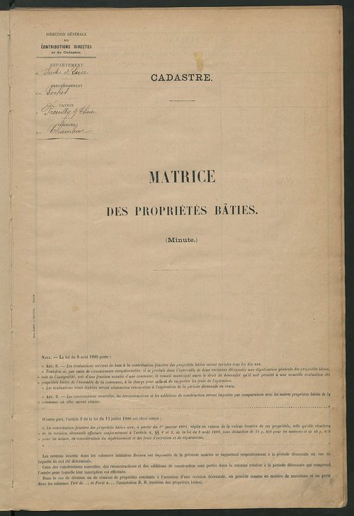 Matrice des propriétés bâties ; récapitulation ; table alphabétique des propriétaires.