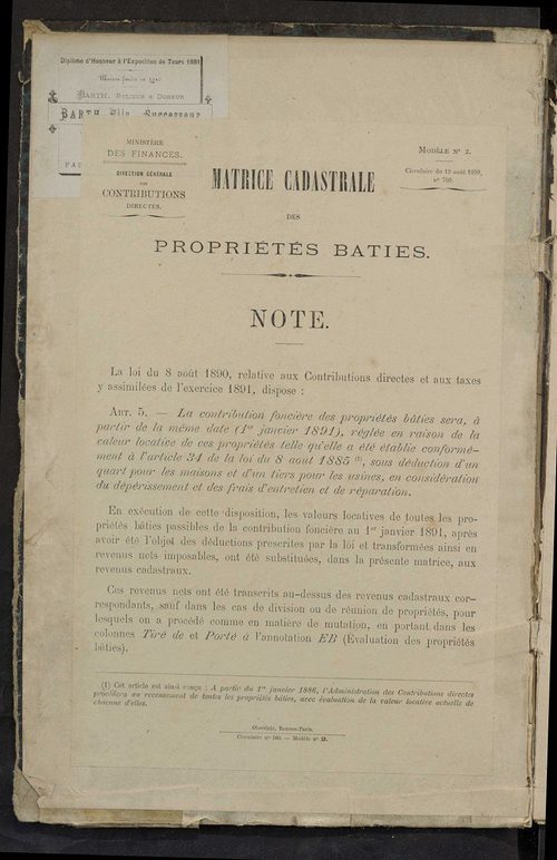 Matrice des propriétés bâties ; augmentations et diminutions, 1883-1891 ; séparation des revenus cadastraux afférents, pour l'année 1882, aux propriétés bâties et non bâties (état-balance) ; table alphabétique des propriétaires.
