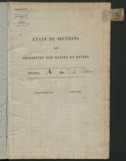 Etats de sections des propriétés non bâties et bâties ; relevé des numéros de propriétés non bâties de même nature ; relevé des propriétés bâties ; récapitulation de la contenance et du revenu imposables des propriétés.