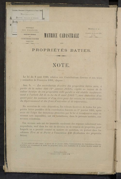 Matrice des propriétés bâties ; augmentations et diminutions, 1883-1891 ; séparation des revenus cadastraux afférents, pour l'année 1882, aux propriétés bâties et non bâties (état-balance) ; table alphabétique des propriétaires.