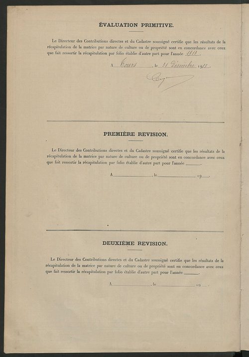 Tableau présentant les augmentations et les diminutions survenues dans la matière imposable ; récapitulation ; table alphabétique des propriétaires ; matrice des propriétés non bâties , fol. 1 à 492.