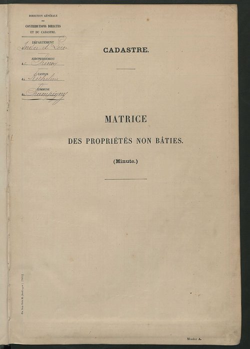Tableau présentant les augmentations et les diminutions survenues dans la matière imposable ; récapitulation ; table alphabétique des propriétaires ; matrice des propriétés non bâties , fol. 1 à 492.