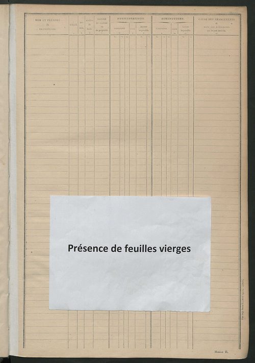 Tableau présentant les augmentations et les diminutions survenues dans la matière imposable ; récapitulation ; table alphabétique des propriétaires ; matrice des propriétés non bâties , fol. 1 à 492.