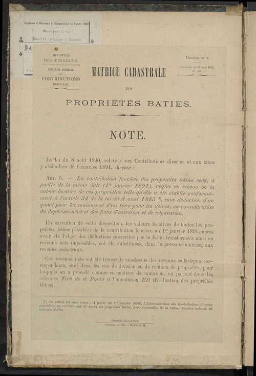 Matrice des propriétés bâties ; augmentations et diminutions, 1883-1891 ; séparation des revenus cadastraux afférents, pour l'année 1882, aux propriétés bâties et non bâties (état-balance) ; table alphabétique des propriétaires.
