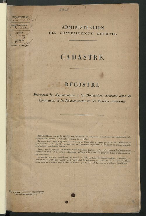 Registre présentant les augmentations et les diminutions survenues dans les contenances et les revenus portés sur les matrices cadastrales, 1827-1914 ; récapitulation des contenances et des revenus imposables, 1825 ; matrice des propriétés foncières, fol.