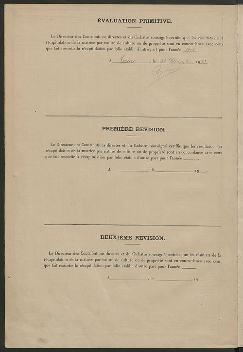 Matrice des propriétés non bâties : tableau présentant les augmentations et les diminutions survenues dans la matière imposable ; récapitulation ; table alphabétique des propriétaires.