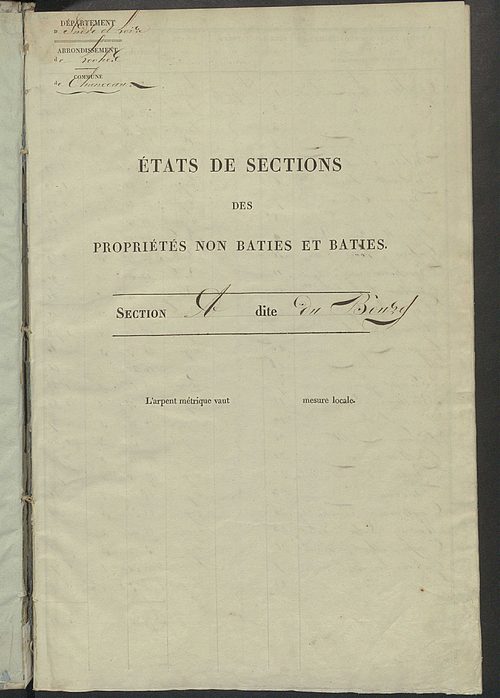 Etats de sections des propriétés non bâties et bâties ; relevé des numéros de propriétés non bâties de même nature ; relevé des propriétés bâties ; récapitulation de la contenance et du revenu imposables des propriétés.