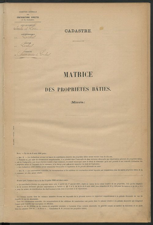 Matrice des propriétés bâties ; récapitulation ; table alphabétique des propriétaires.