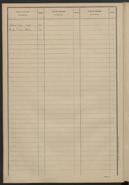 Matrice des propriétés non bâties ; tableau présentant les augmentations et les diminutions survenues dans la matière imposable ; récapitulation ; table alphabétique des propriétaires.