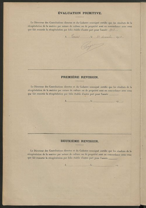 Matrice des propriétés non bâties ; tableau présentant les augmentations et les diminutions survenues dans la matière imposable ; récapitulation ; table alphabétique des propriétaires.