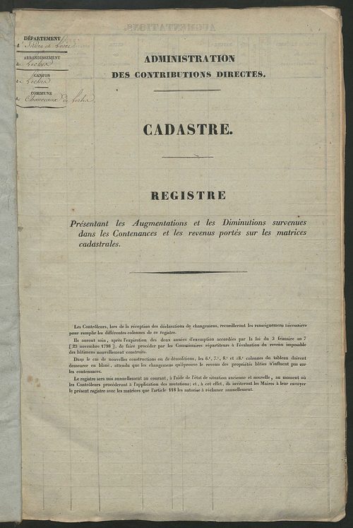 Matrice des propriétés foncières ; registre présentant les augmentations et les diminutions survenues dans les contenances et les revenus portés sur les matrices cadastrales, 1829-1914 ; récapitulation des contenances et des revenus imposables,