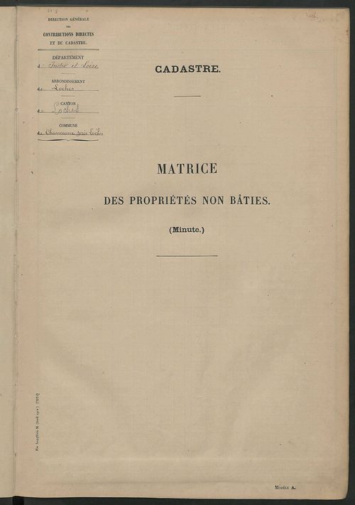 Matrice des propriétés non bâties ; tableau présentant les augmentations et les diminutions survenues dans la matière imposable ; récapitulation ; table alphabétique des propriétaires.